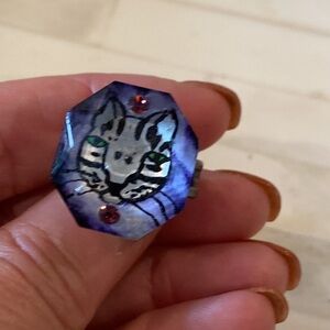 Juliette Ramade French Artist Hand Painted Tabby Cat Ring OS